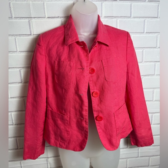 TALBOTS Coral Red Cropped linen Blazer with Classic Lapel/size 2P - Picture 2 of 12